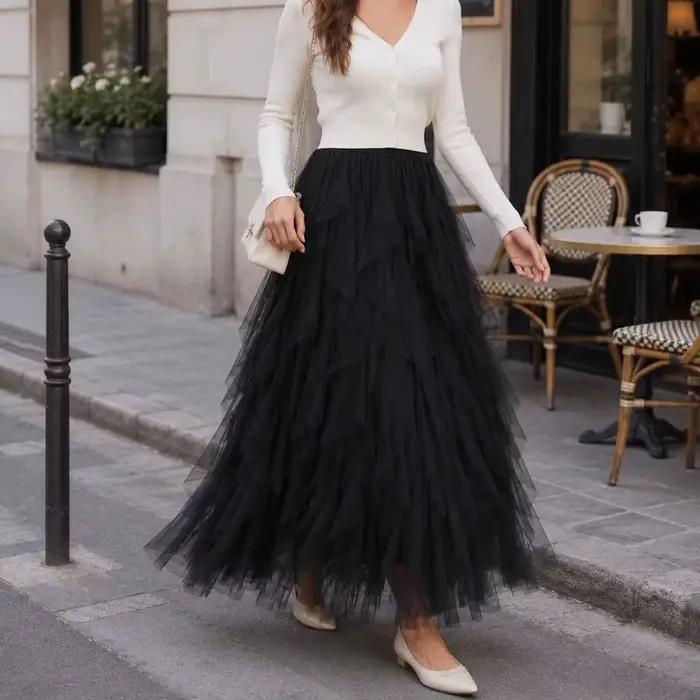 Jupe longue plissée en tulle et maille pour femme 2026