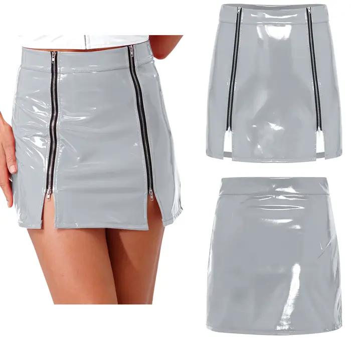 Jupe mini trapèze taille haute pour femme en similicuir effet mouillé avec fente