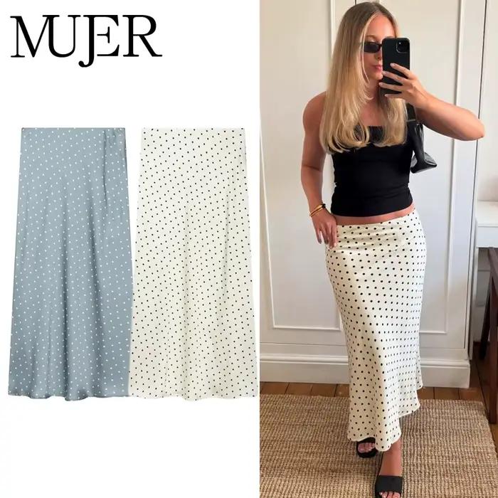 Jupes longues à pois pour femme, jupe midi superposée en satin, jupe plissée d'été pour femme, jupe crayon taille haute pour femme