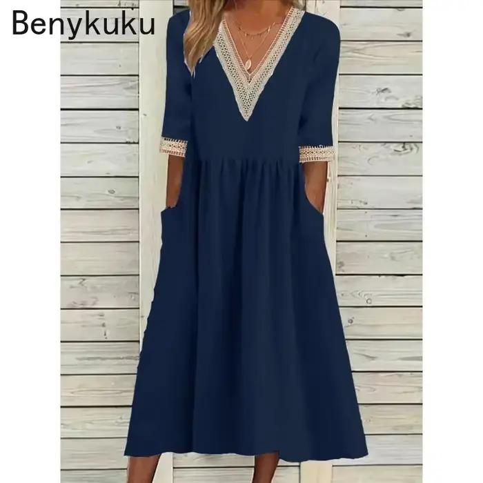 Robe mi-longue décontractée chic vintage en coton et lin à col en V et manches courtes pour femme – Nouvelle collection été 2026
