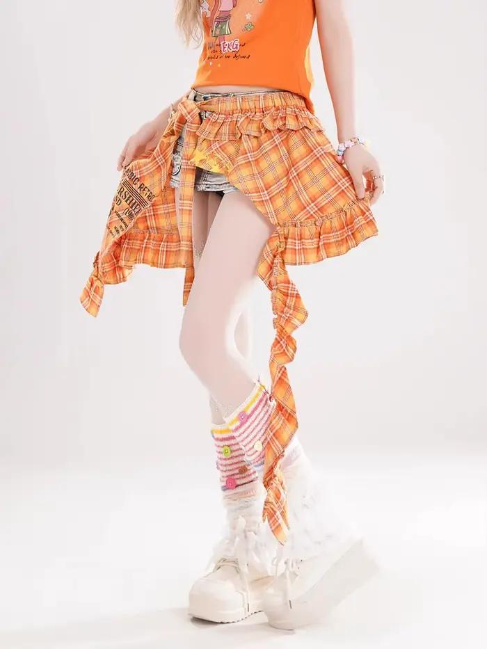 REDDACHiC – jupe portefeuille à carreaux pour robe en jean Y2k