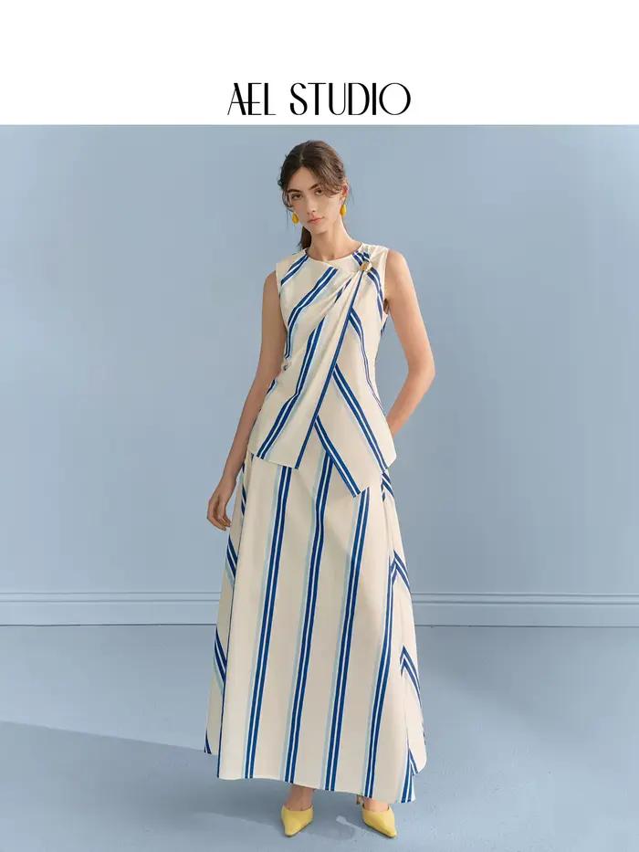Ensemble jupe et haut sans manches rayé bleu et blanc AEL pour femme, style marin, jupe asymétrique en pur coton, idéal pour les vacances d'été