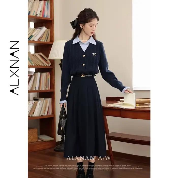 Jupe plissée élégante ALXNAN pour femme, collection Printemps 2026, coupe trapèze mi-longue, décontractée, bleu marine, vêtements de mode pour femme LXN315101BSQ