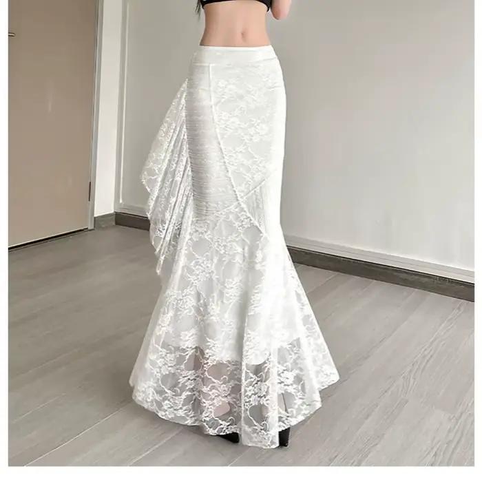 Dentelle Patchwork jupes femmes taille haute couvrant les hanches irrégulière décontracté mode crémeux doux Style