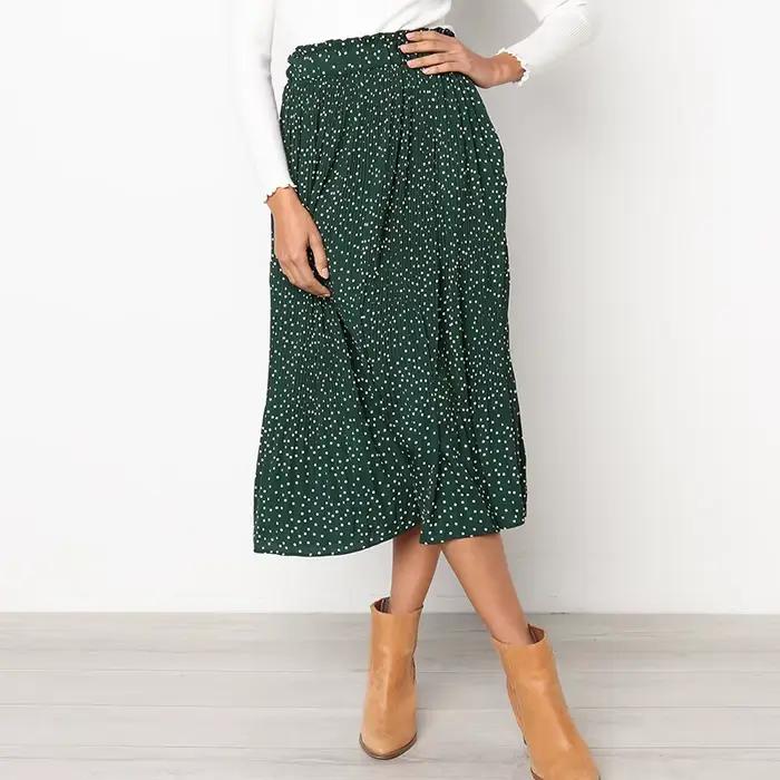 Jupe Midi Plissée à Pois Blancs et Imprimé Floral pour Femme, Taille Haute artificiel astique, Poches Latérales, Élégante, Astronomique, Été 2019