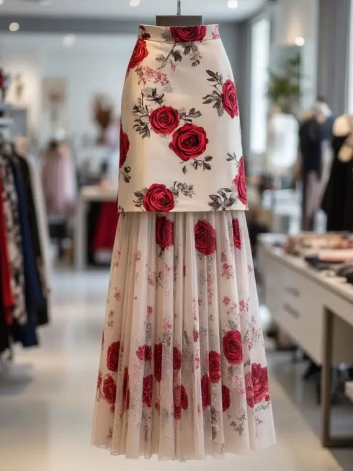 Subculturel élégant Vintage Rose imprimé jupe pour femmes été taille mince jupes moulantes 2026 nouveau maille Patchwork Faldas Mujer