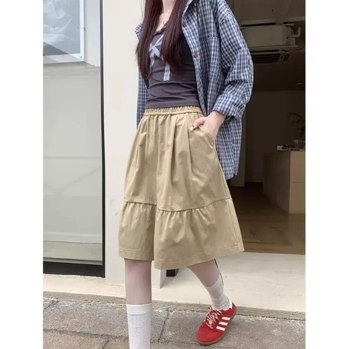 Jupe plissée taille haute décontractée, Style paresseux, polyvalente, amincissante, ligne a, jupe Midi en tissu Polyester, printemps