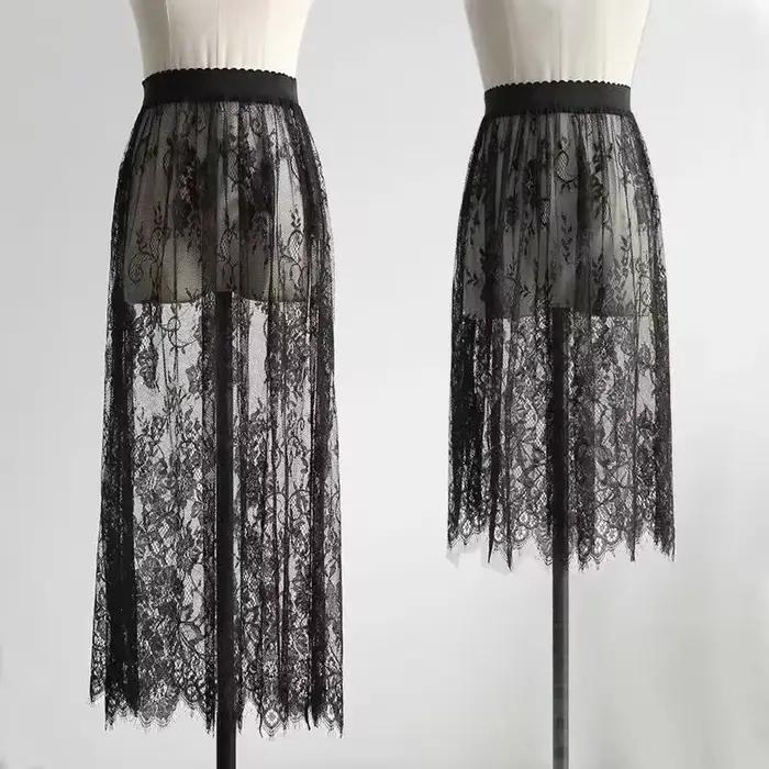 2 longueur élégante jupe noire dentelle blanche transparente longue