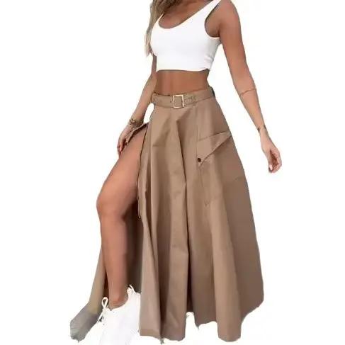 Jupe Longue de Couleur Unie avec Poches Avant et Fermeture Éclair pour Femme