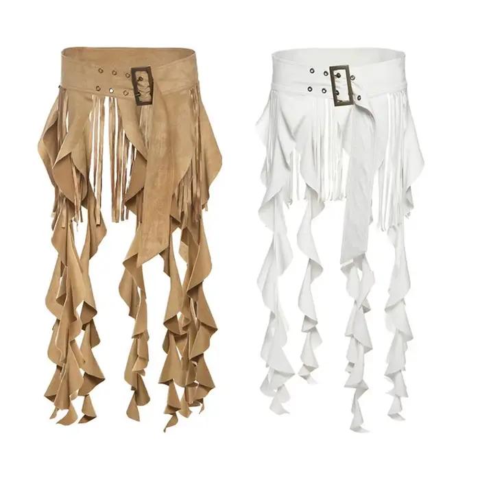 Jupe à volants irréguliers avec ceinture à pompons, ceintures ajustables à pompons longs pour femmes, mini-jupe décontractée et accrocheuse, jupe de vacances