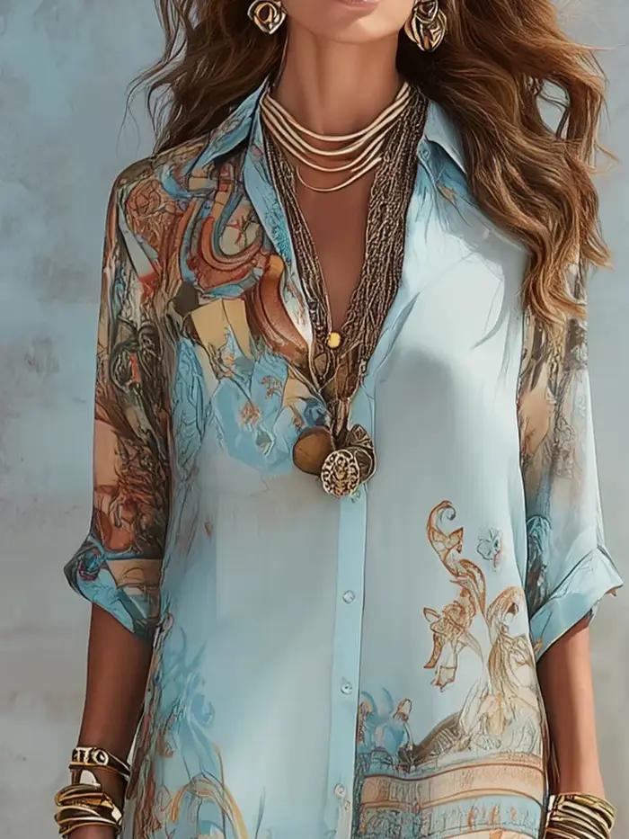 Robe chemise élégante pour femme en mousseline de soie à imprimé numérique, col rabattu, simple boutonnage, fluide, décontractée, style bohème, vêtement d'été