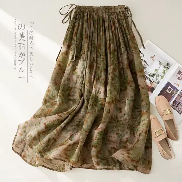 Jupe taille haute en coton et lin pour femmes