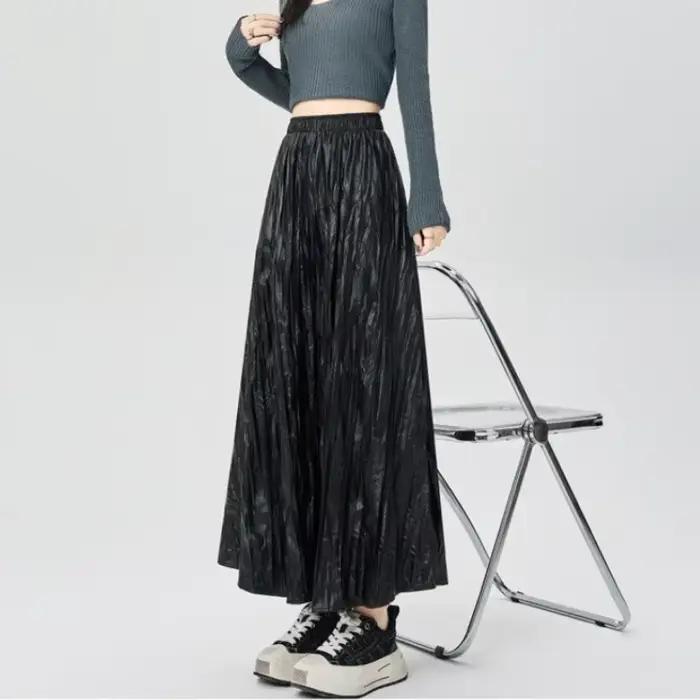 Jupes plissées en cuir Pu pour femmes, taille haute, ligne a fine, couleur unie, mode coréenne, nouvelle collection automne 2025