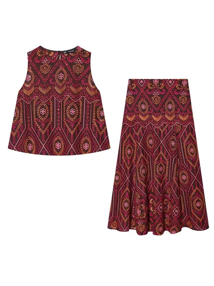 Ensemble jupe élégante pour femme HH 2026 : Haut brodé sans manches à col rond ajouré + Jupe midi plissée chic à taille haute avec fermeture éclair