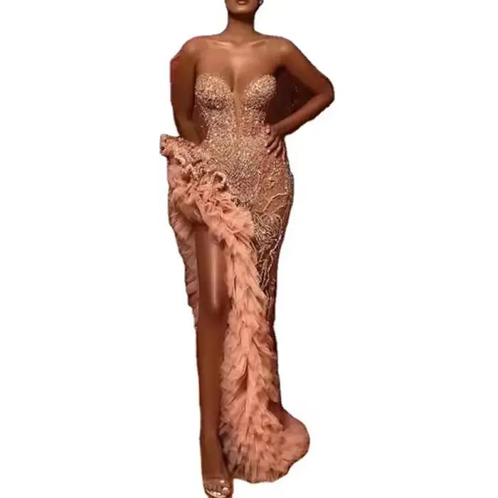 Robe Bustier longue à franges et paillettes, Sexy, col en v, mode femme, jupe en Fiber de Polyester, nouvelle collection printemps