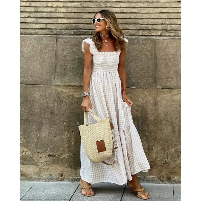Robe longue d'été pour femmes, imprimé à carreaux, sans manches, taille élastique, ligne A, Maxi, décontractée, 2025