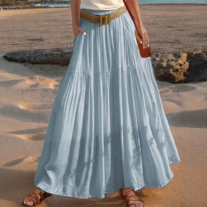 Jupe longue élastiquée unie à taille élastique et ourlet ceinturé pour femme