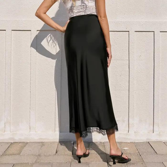 Jupe longue fendue en satin noir pour femme, sexy, moulante, en soie, avec fente, pour l'été, jupe formelle en dentelle de luxe pour femme