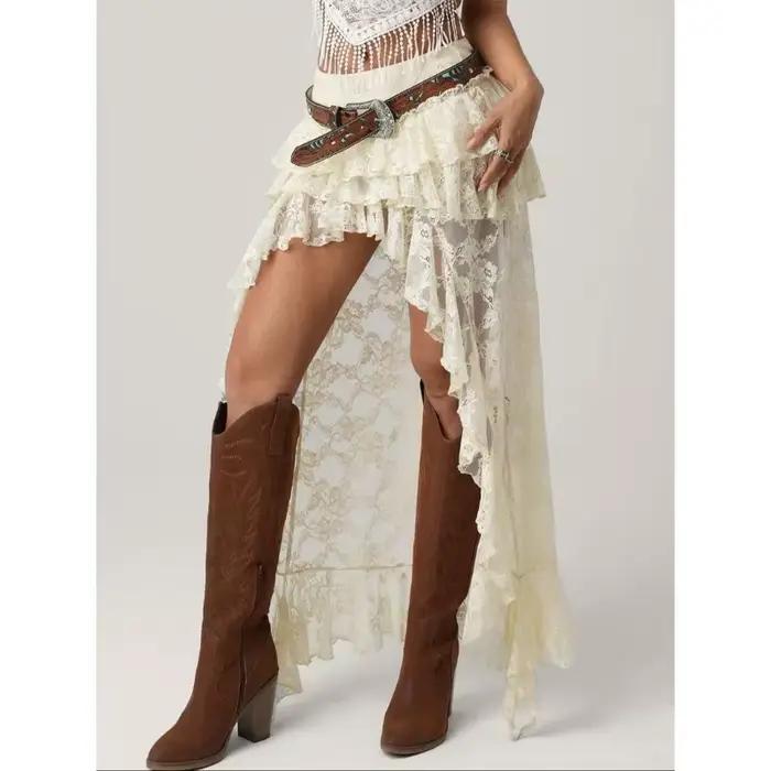 Deeptown Y2k jupe asymétrique femmes Boho dentelle Tulle Vintage jupe noire Style coréen voir à travers jupes superposées Streetwear