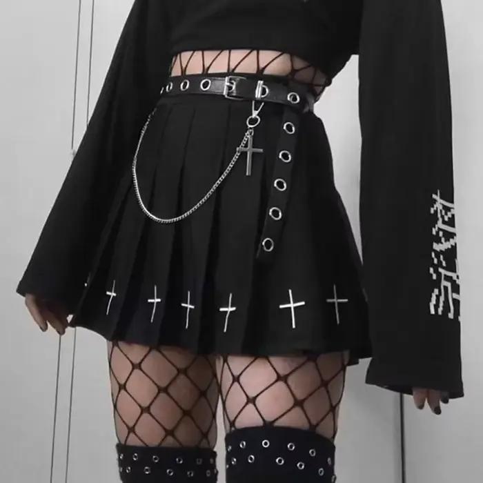 Mini jupes noires taille haute Punk plissée