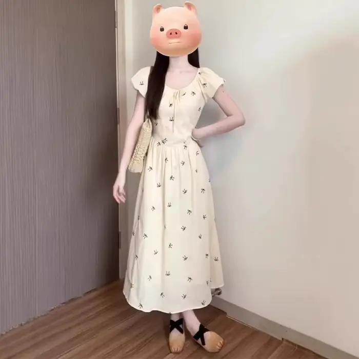Robe longue imprimée nœud français pour femme