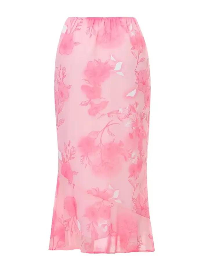 Jupe longue à fleurs taille basse en mousseline de soie hirigin pour femmes, style vintage, été et automne, facile à entretenir, adaptable à toutes les occasions ```