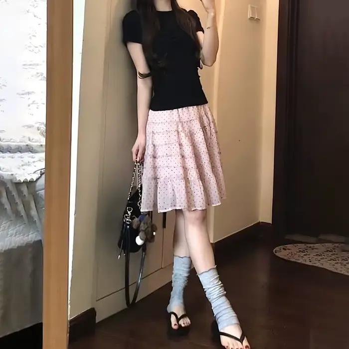 Jupe rose à pois en gaze pour femme