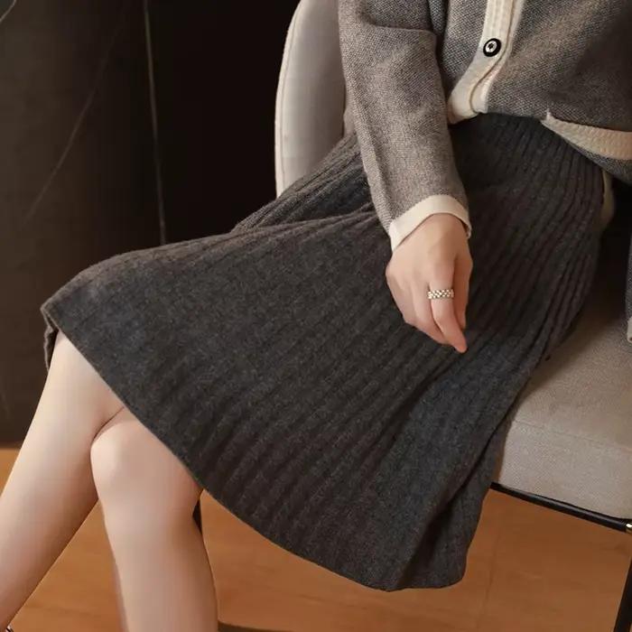 Femmes élégantes 100% laine tricoté jupe mode coréenne solide décontracté une ligne dames plissée