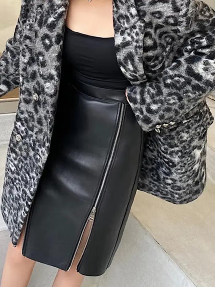 Jupe mi-longue Vintage en Faux cuir noir pour femmes