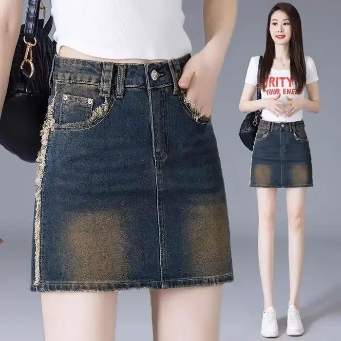 Jupe en jean femme rétro taille haute frange
