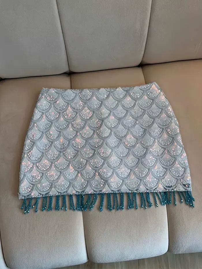 Jupe courte à sequins pour femme, polyester, coupe trapèze, taille haute, mini, collection Printemps Été 2026, plage, vacances