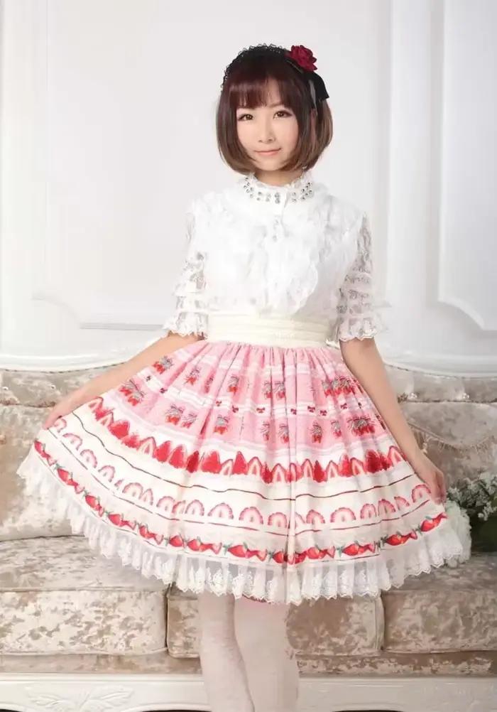 Jupe trapèze japonaise douce rose, jupe courte plissée en dentelle imprimée fraise, longueur aux genoux