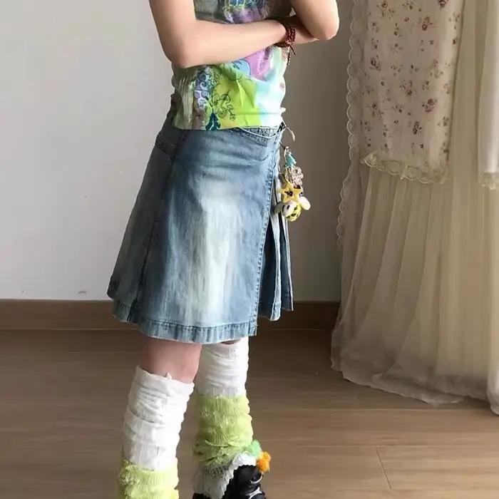 Jupe en jean plissée irrégulière délavée, rétro américain, pour enfants, jupe chaude Y2k pour filles