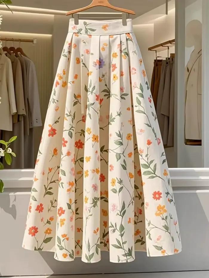 Jupe longue florale élégante pour femme, taille haute, décontractée, style coréen, printemps-été, polyvalente