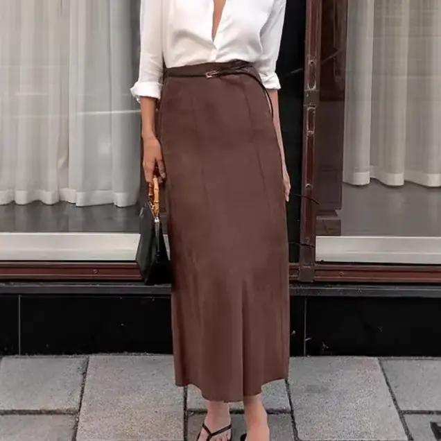 Jupe longue en daim marron rétro pour femme
