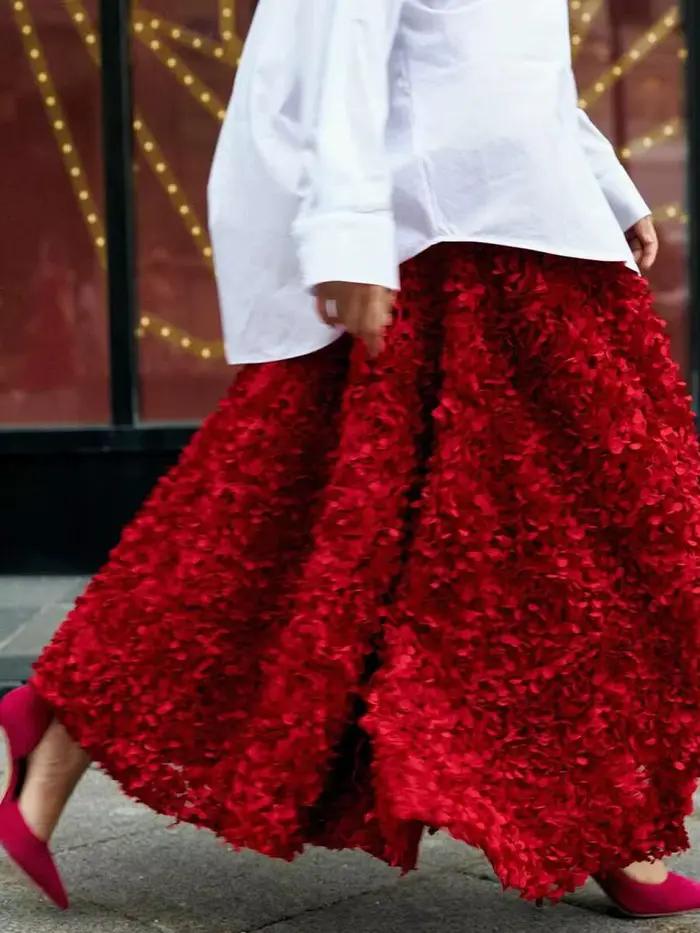 Hiver rouge mode longue pétale jupe femmes Design pired robe de soirée élégante dame Unique taille haute