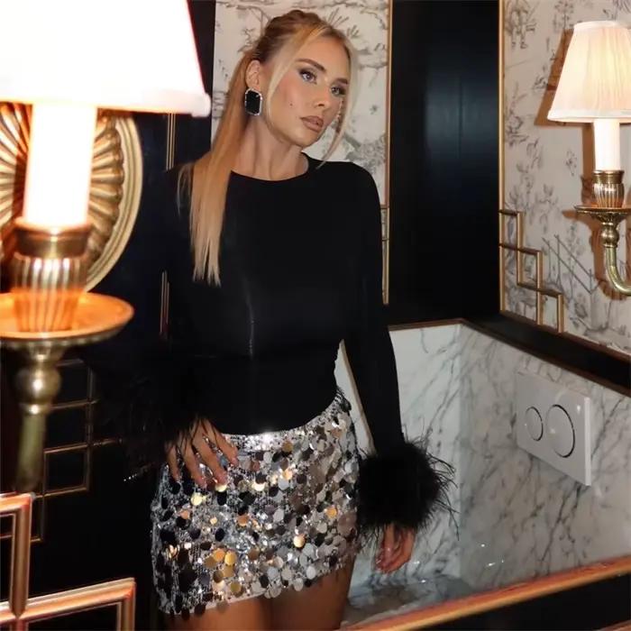 Paillettes argent brillant jupes courtes pour les femmes fête Sexy noir