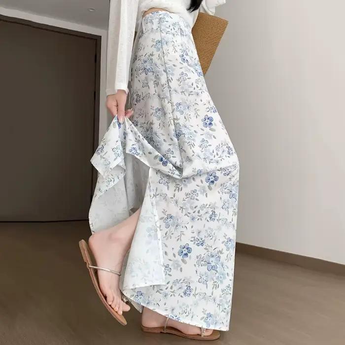 Nouvelle jupe longue évasée à motifs floraux RASEKON pour femme, chic des prairies, polyester tricoté, printemps-été, longueur au sol, coupe ajustée, taille haute, blanc, jaune, noir