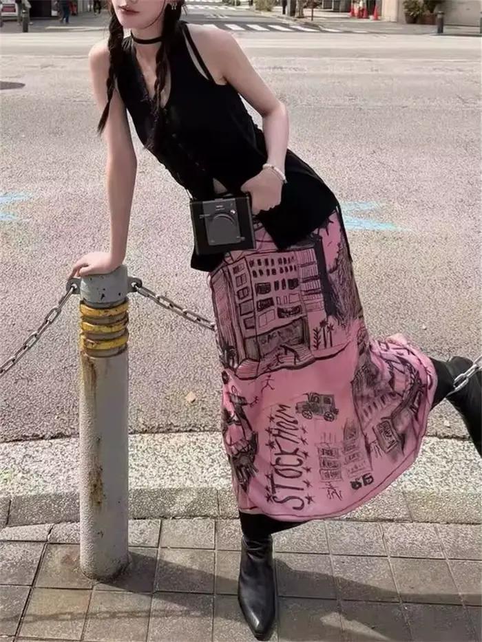 Aoaiiys jupe coréenne femmes Graffiti imprimé motif rose jupes 2026 mode taille haute fente coupe a-ligne