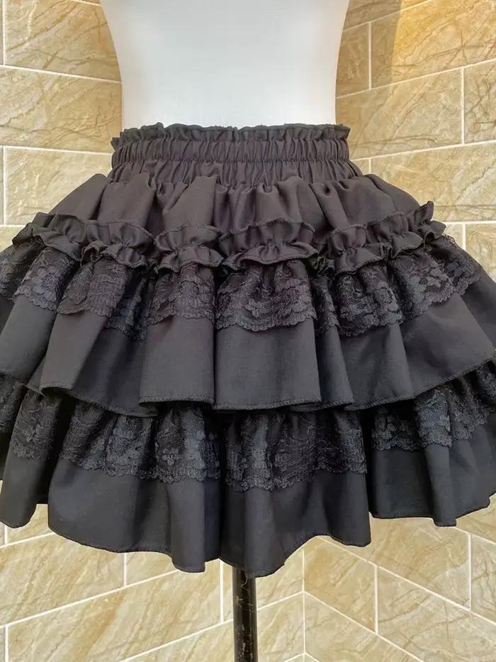 Jupe Courte Femme Noire Style Preppy Taille Haute Sexy avec Dentelle Patchwork Vintage pour l'Été