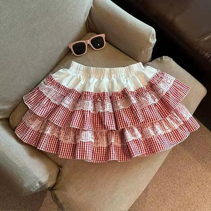 Mini-jupe bouffante à carreaux en dentelle couleur citrouille