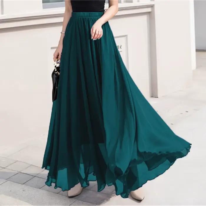 Jupe en mousseline de couleur unie pour femmes, nouvelle collection printemps-été, décontractée, ample, taille haute, taille élastique, jupe longue, Roupas Feminina