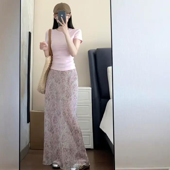 Jupe longue florale taille haute style français, nouvelle collection été 2026, coupe ajustée et élégante