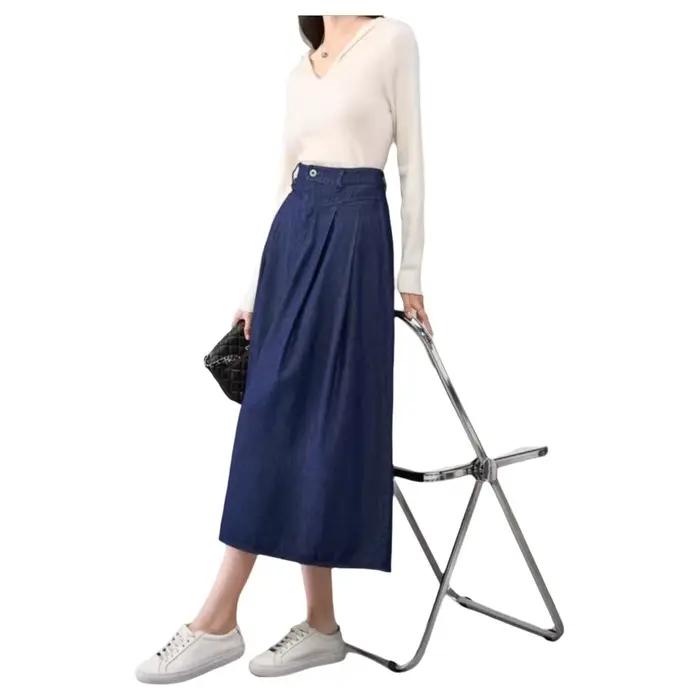 Jupe mi-longue élégante en denim plissée avec poches