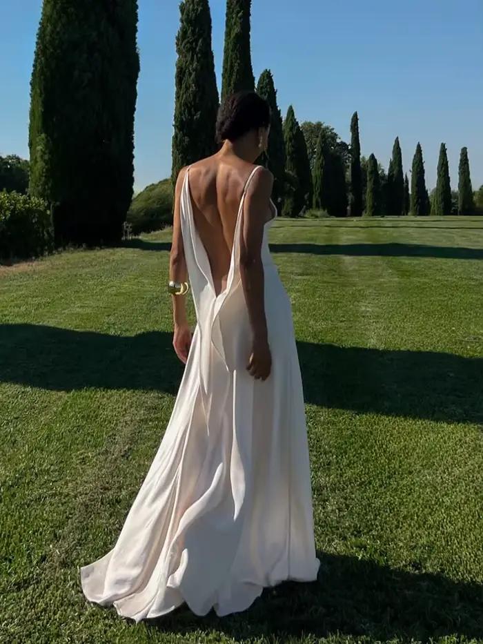 Nouvelle Robe Longue Plissée pour Femme, Col en V Profond, Bretelles Fines, Sans Manches, Dos Nu, Coupe Ample, Couleur Unie, Style Glamour, Tenue de Soirée