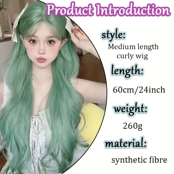 Perruque synthétique longue ondulée vert menthe pour femme avec frange naturelle à la raie centrale, idéale pour cosplay, fêtes et usage quotidien