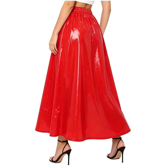 Jupe évasée taille haute pour femme en similicuir effet mouillé, jupe plissée coupe trapèze, jupe longue en vinyle imperméable pour femme, tenue de club