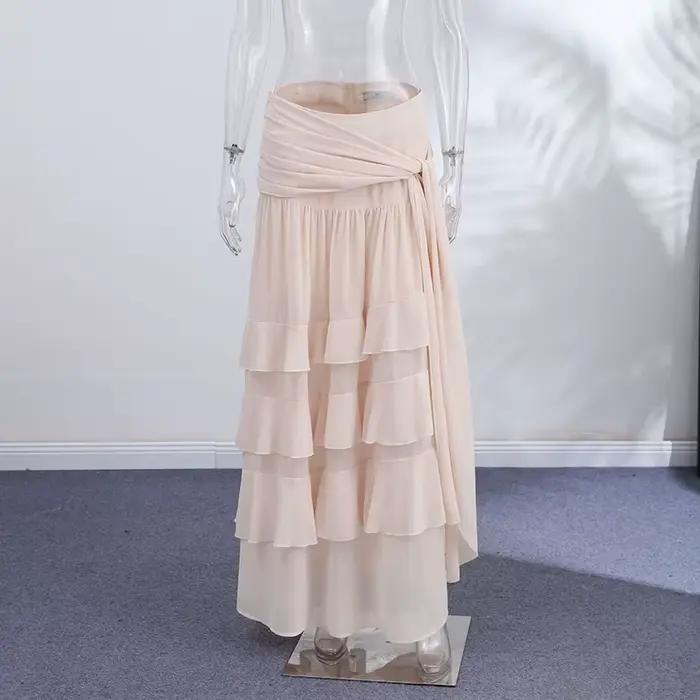 Robe pour femme style français, jupe à volants, jupe midi à volants, jupes unies, ourlet fluide à niveaux, tenue quotidienne élégante, Nouveauté 2026