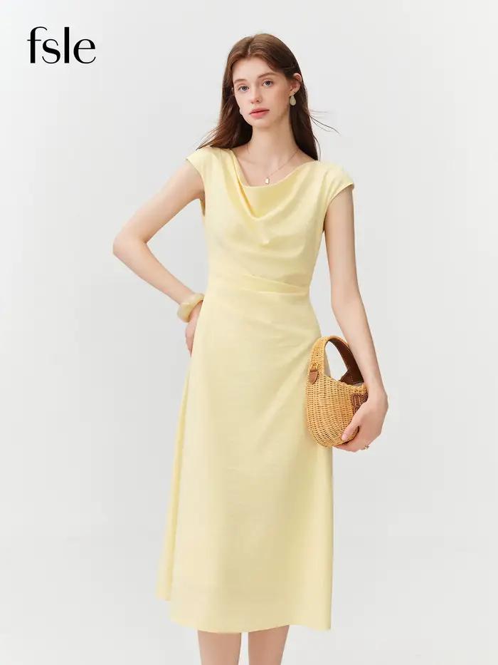 Robe longue drapée à col français FSLE pour femme