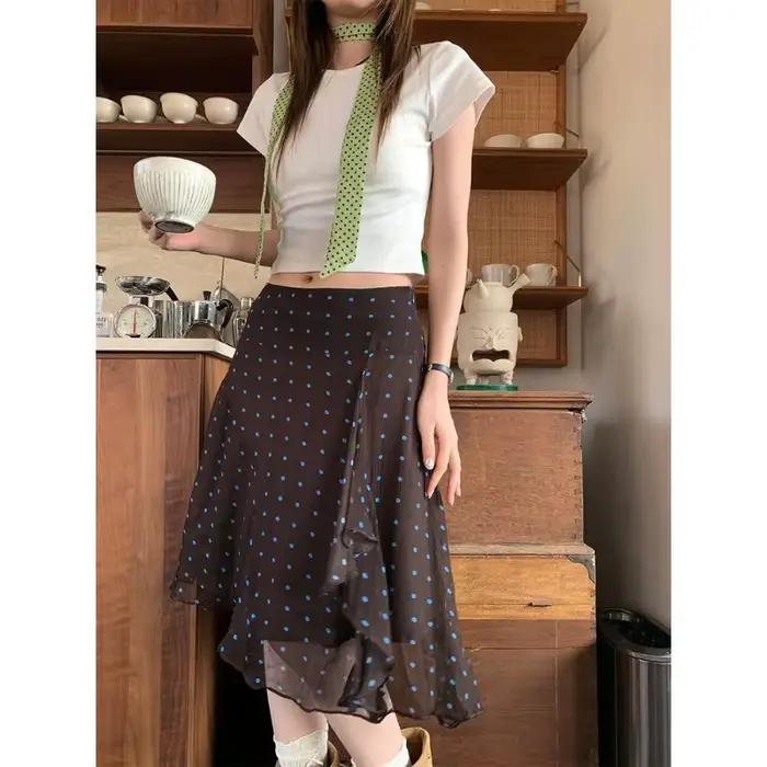 Jupe midi en mousseline de soie transparente à volants irréguliers et imprimé pois taille haute pour femme